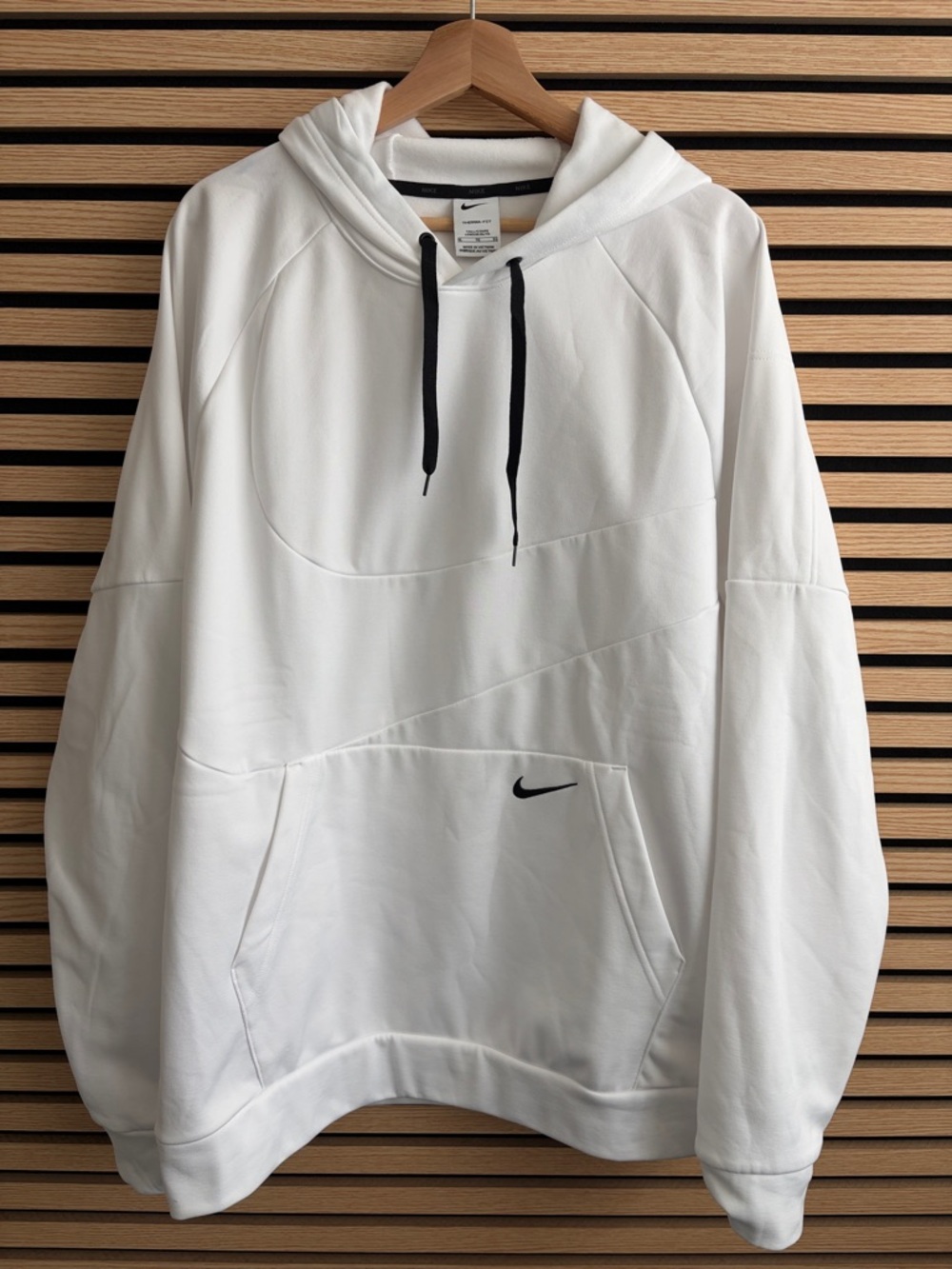 Nike White Pullover Hoodie with Black Swoosh and Drawcords
